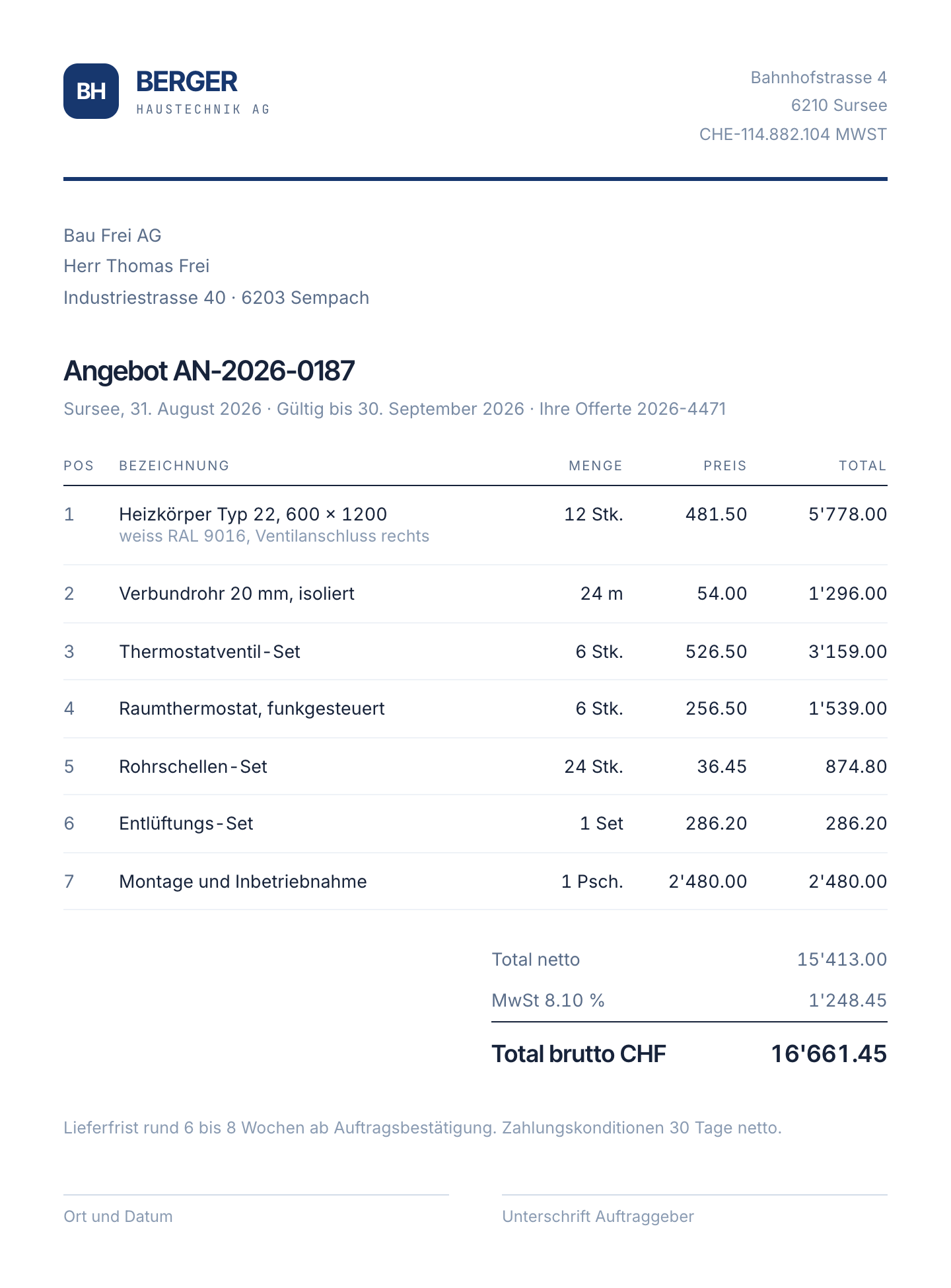 Fertiges Angebots-PDF mit Logo, Positionen und Total