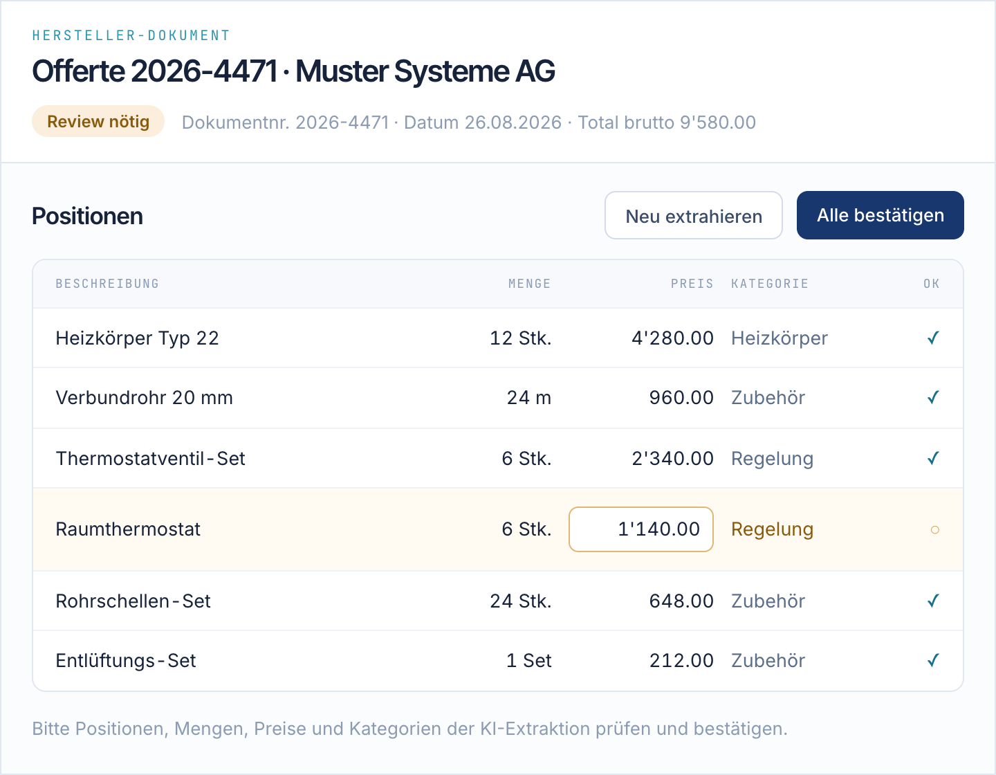 Ausgelesene Positionen zur Prüfung, eine Zeile mit korrigierbarem Preis markiert